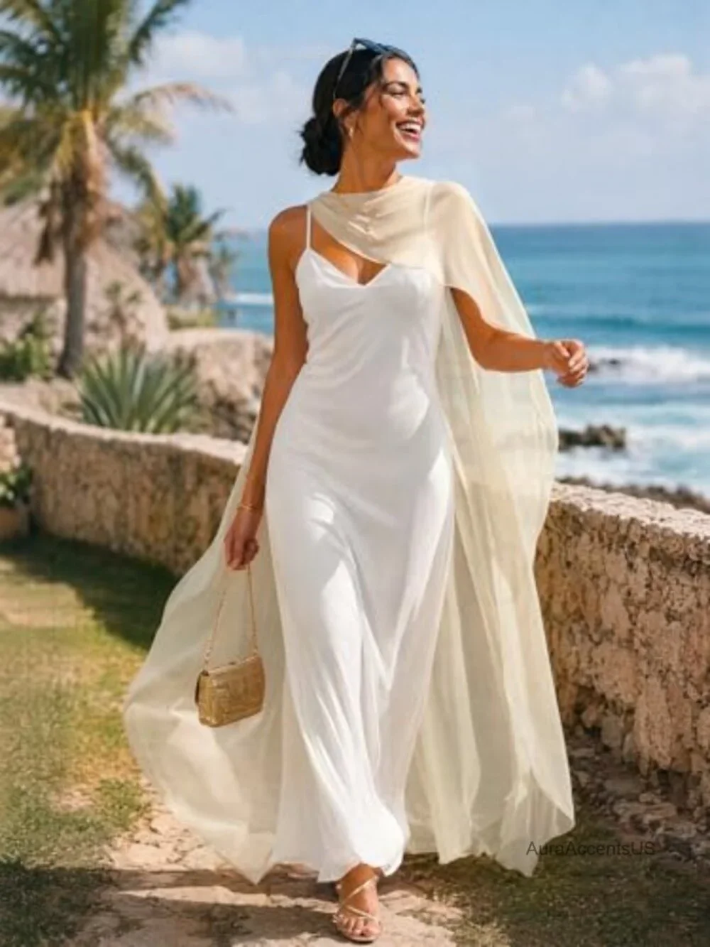 Sheer Chiffon Cape Shawl Bridal Cover Up Pearl Button Poncho